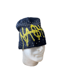 a mannequin head with a yellow and blue beanie